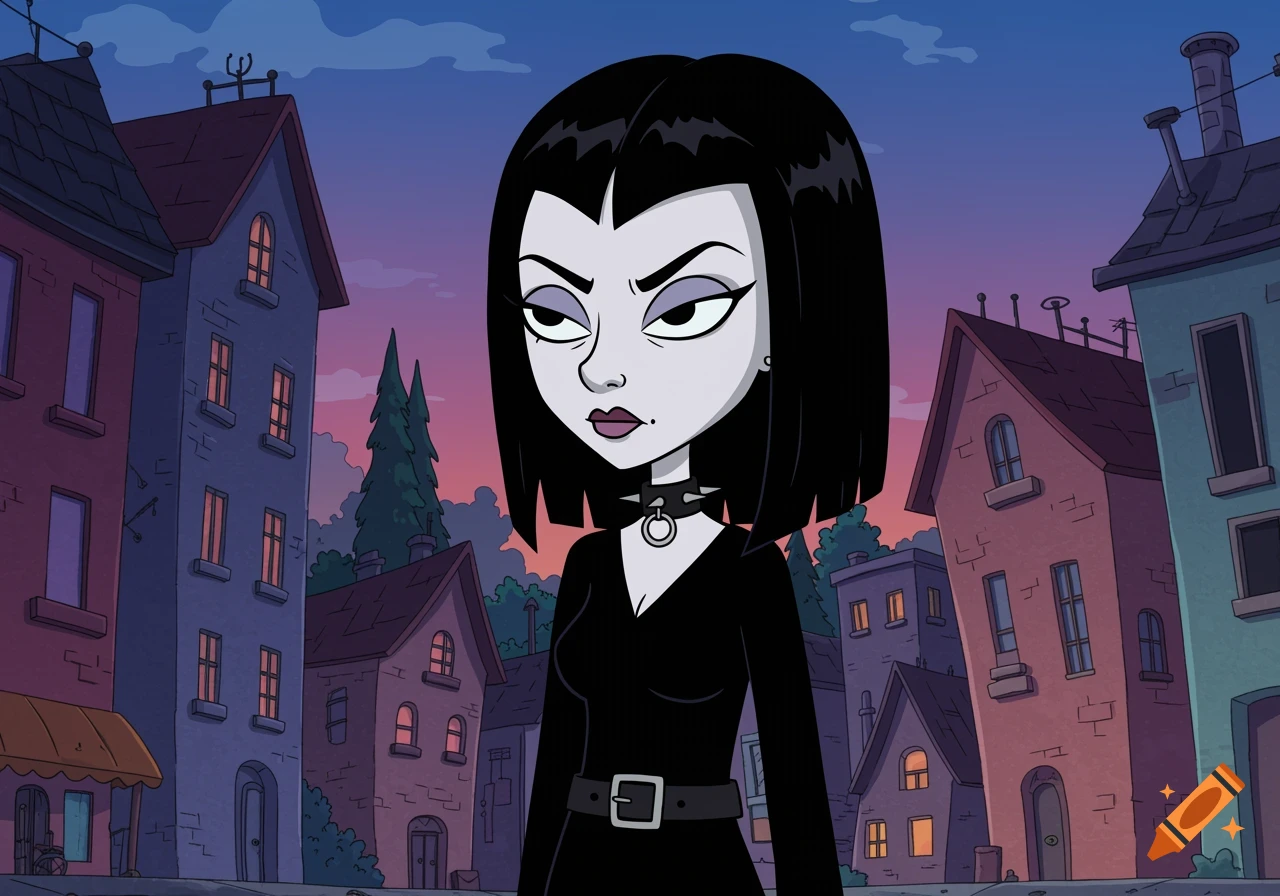 A cartoon goth woman with short black hair and a spiked choker stands in a dimly lit street lined with houses, in the style of Hey Arnold.