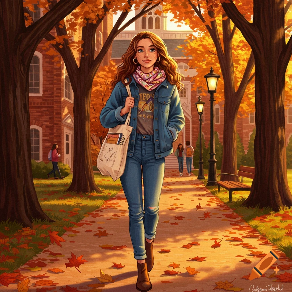 An illustration of a young woman walking through a college campus in autumn, surrounded by trees with orange leaves.