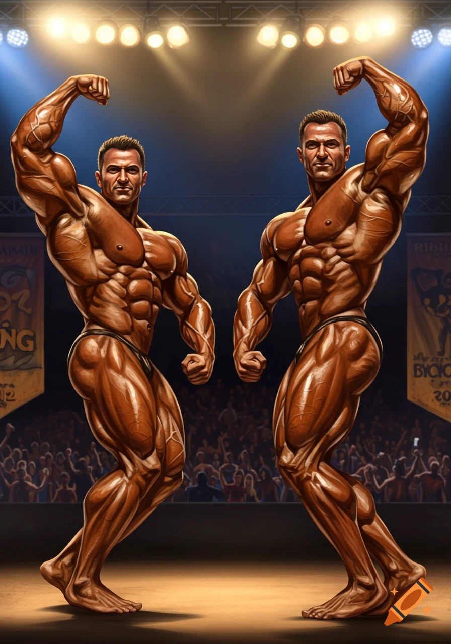 Two muscular male bodybuilders in posing trunks flexing on a lit stage during a competition.