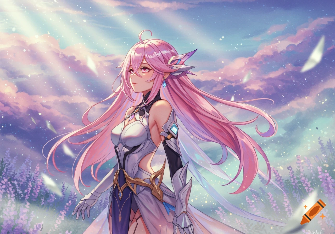 Anime girl with long pink hair and white armor stands in a field of purple flowers under a pastel sky with sun rays.