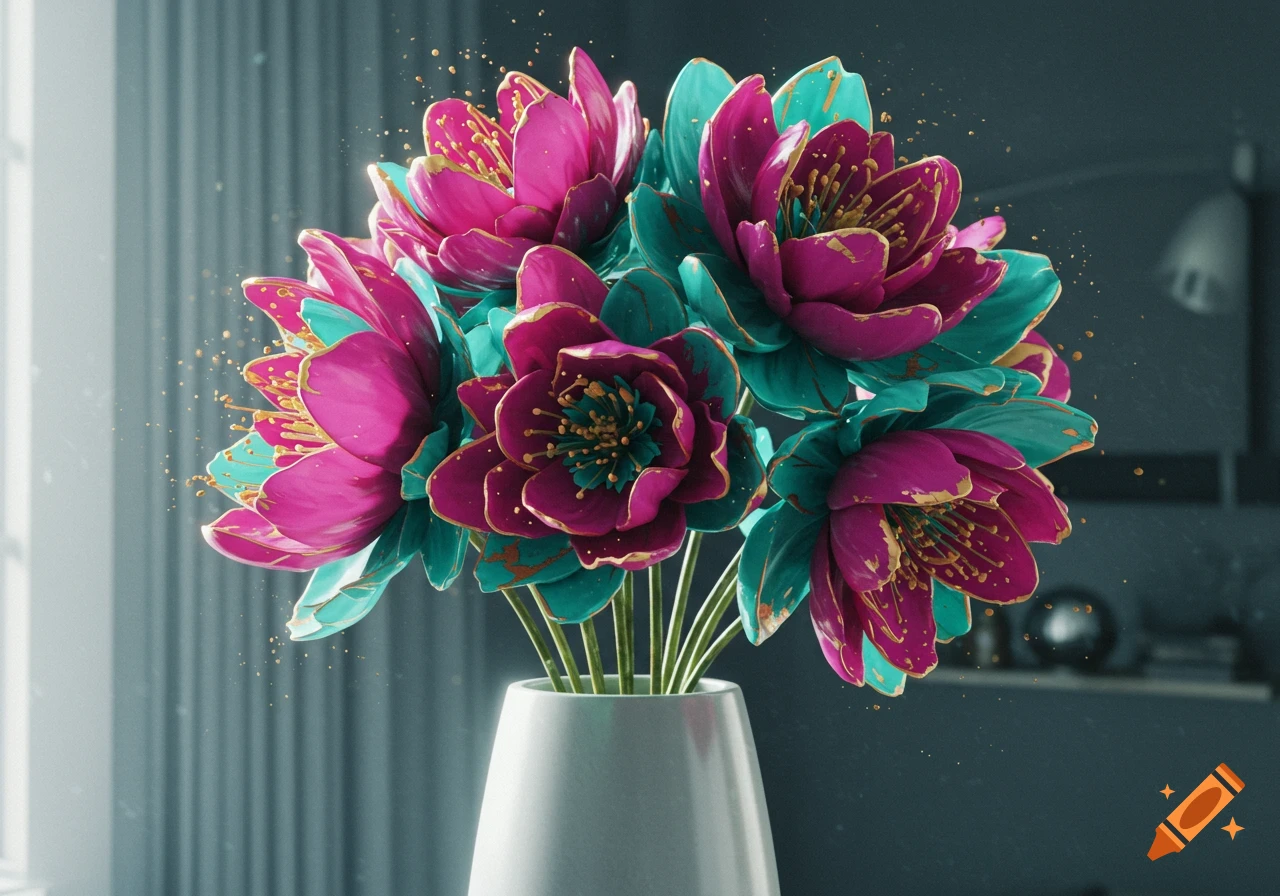 A vase holds a vibrant bouquet of magenta and teal abstract flowers with gold accents, set against a blurred background.