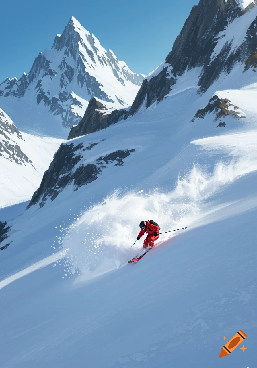 A skier in red descends a steep, snow-covered mountain slope, kicking up a spray of powder under a clear blue sky.