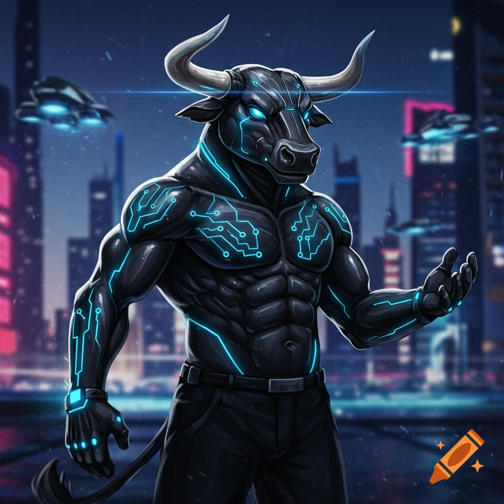 Muscular bull-like mascot with glowing blue circuit patterns stands in a futuristic cyberpunk city with flying vehicles.