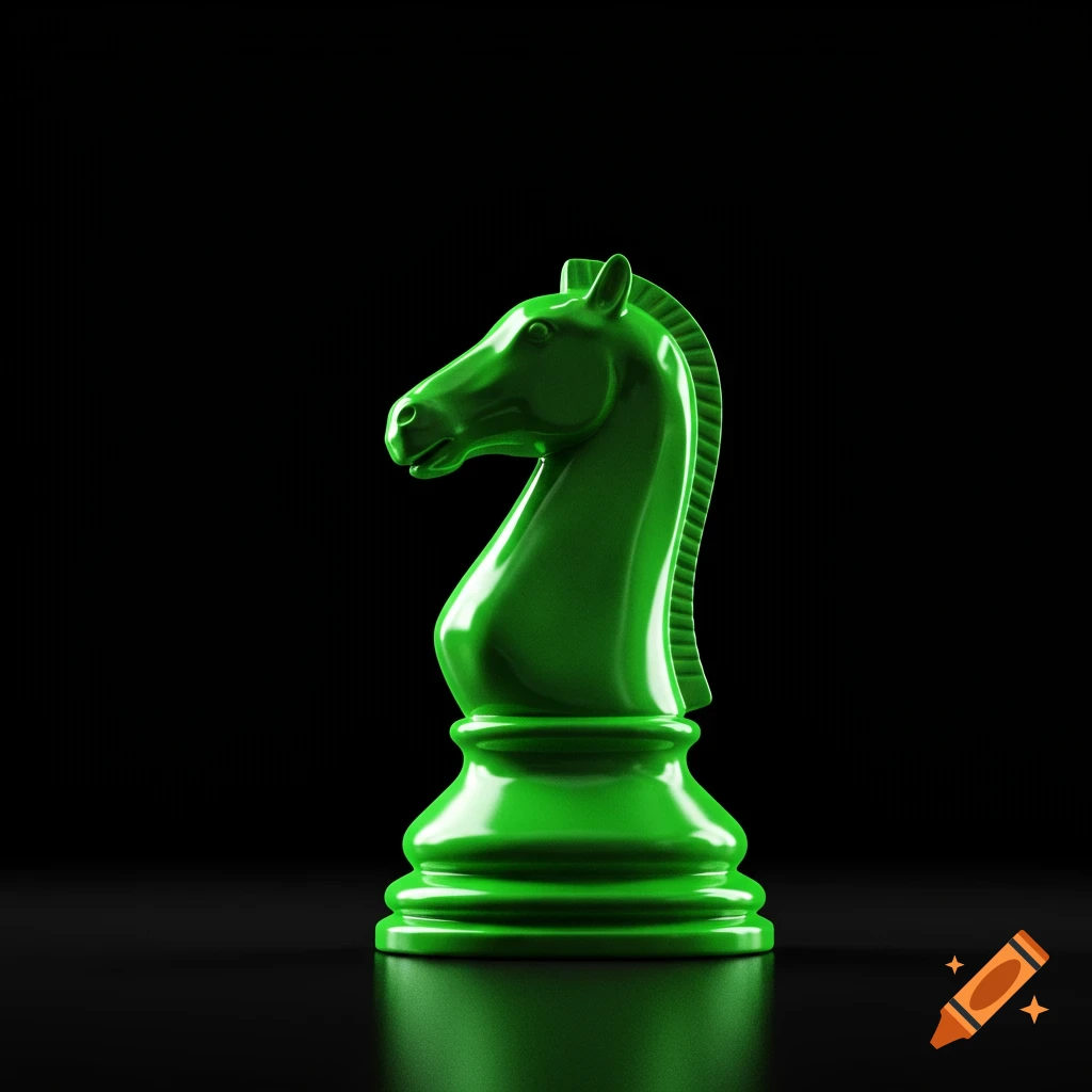 A glossy, vibrant green chess knight piece stands on a reflective dark surface with a black background.