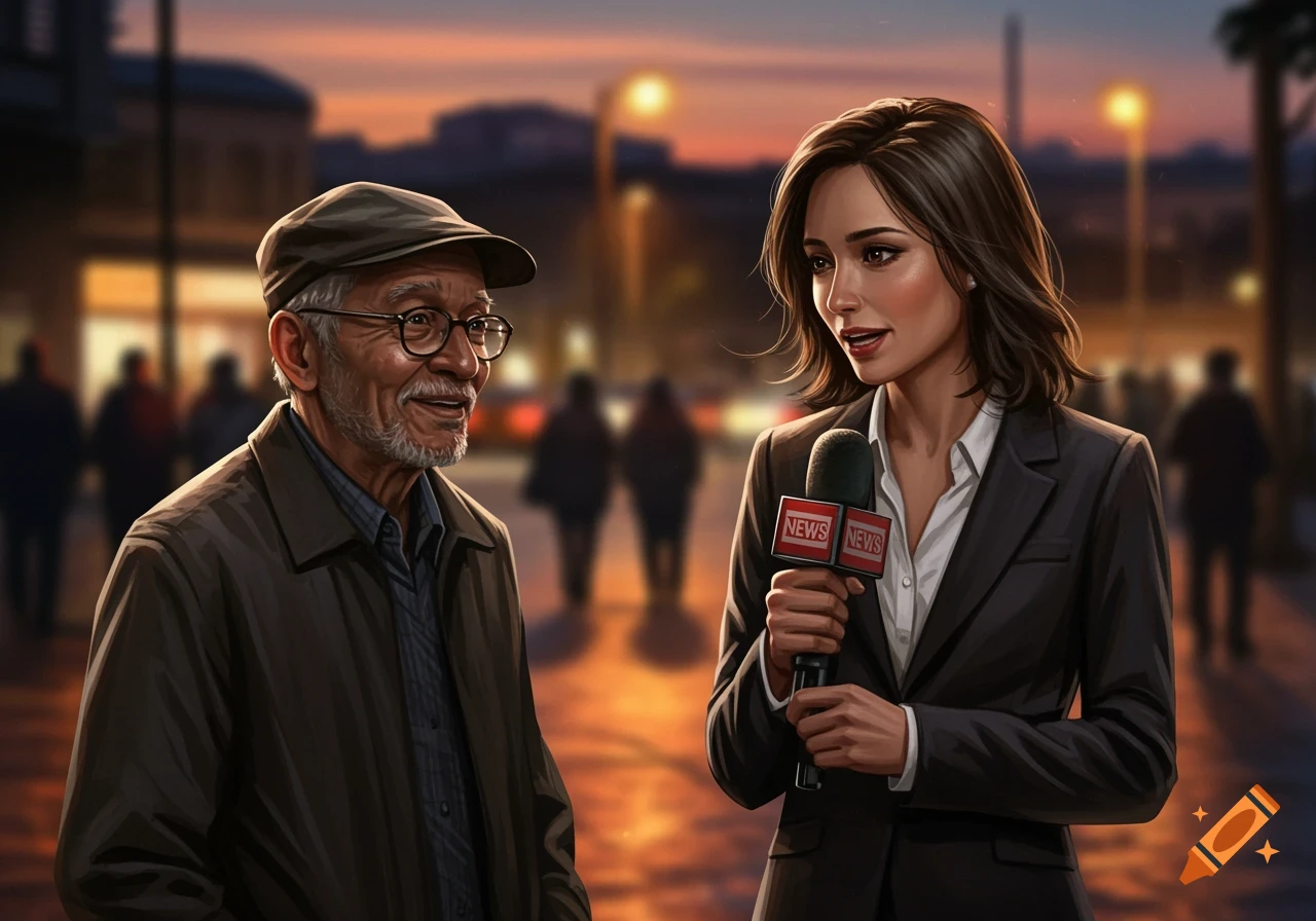 A news reporter with a microphone interviews an elderly man on a city street at dusk, in a stylized illustration.