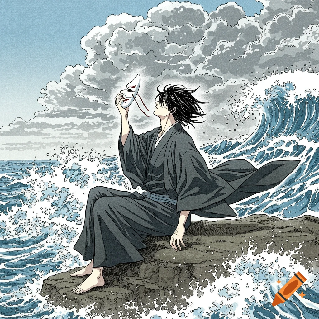 Manga-style illustration of a man in a dark robe sitting on ocean rocks, holding a white mask, with large waves and stormy clouds.