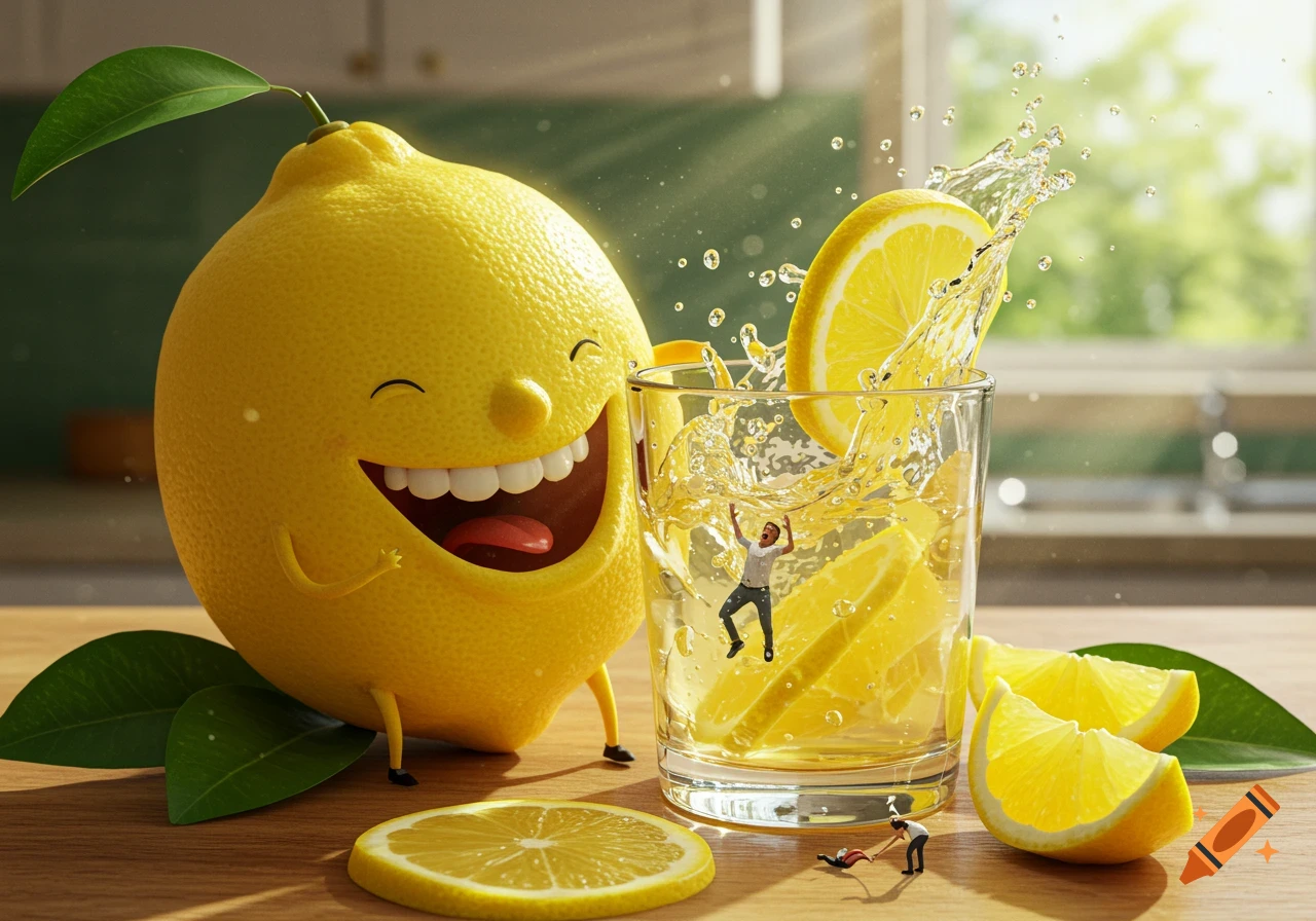 A giant, smiling anthropomorphic lemon stands next to a glass of lemonade with tiny people, one appearing to be squeezed in.