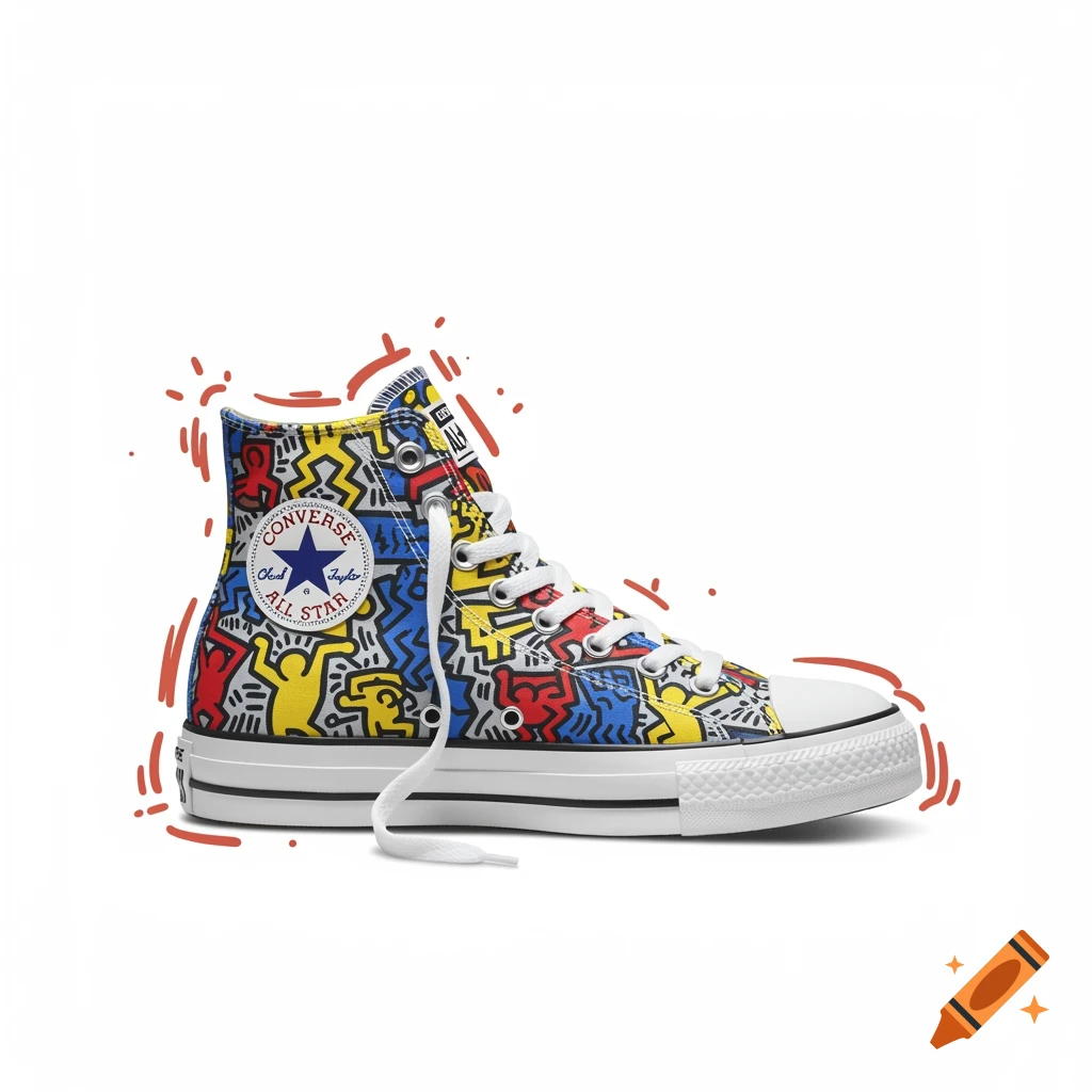 A high-top Converse All Star sneaker featuring colorful Keith Haring-style pop art patterns against a white background.
