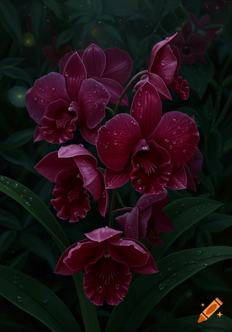 A close-up, photorealistic painting of deep red and purple orchids covered in dewdrops, set against a dark, leafy background with faint glowing lights.