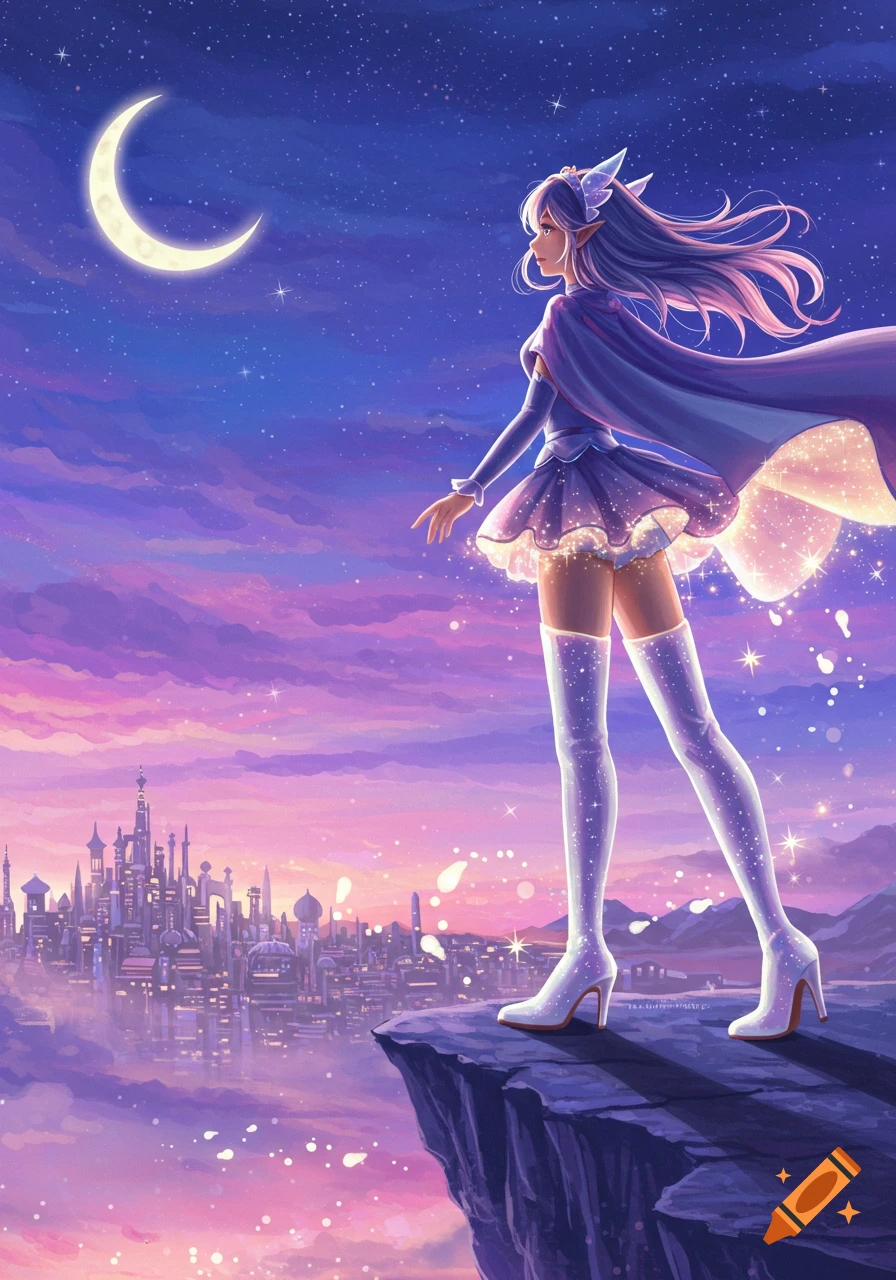 Anime-style illustration of a magical girl with long purple hair and white thigh-high boots, standing on a cliff overlooking a city at night under a crescent moon.