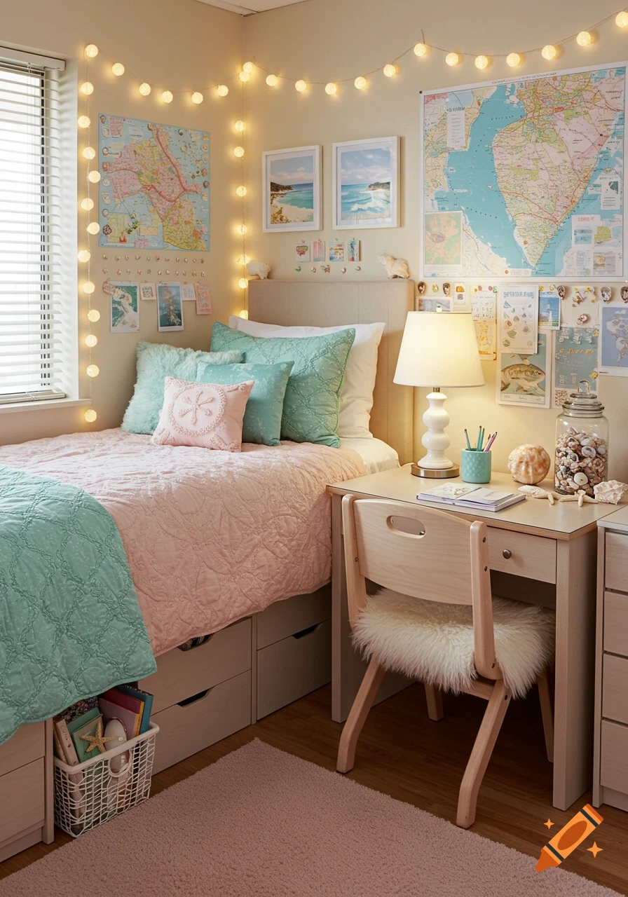 A cozy dorm room corner decorated in pastel pinks and blues with a coastal theme, featuring string lights, maps, a bed with storage drawers, and a desk with a fuzzy chair.