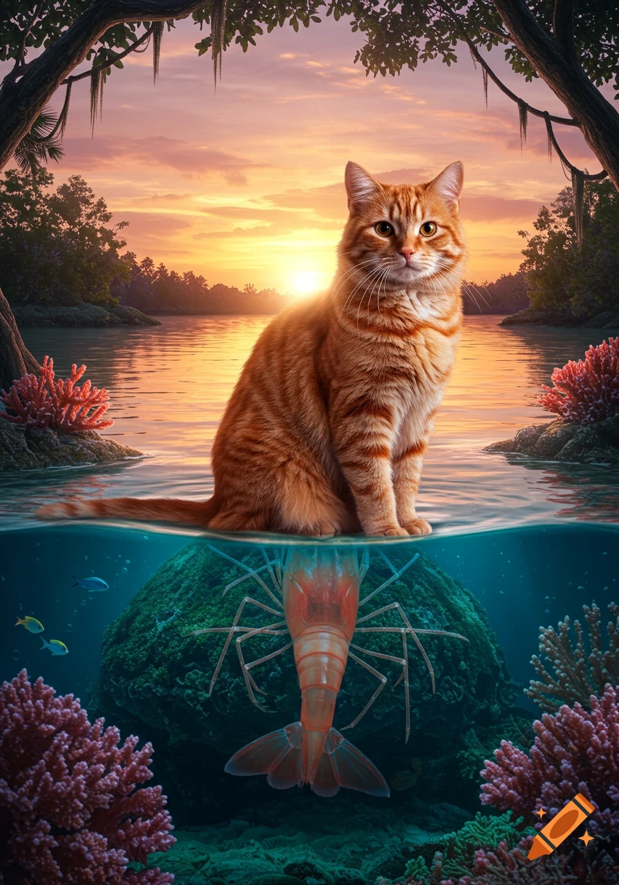An orange tabby cat sits in water with its lower half as a shrimp, surrounded by coral at sunset.