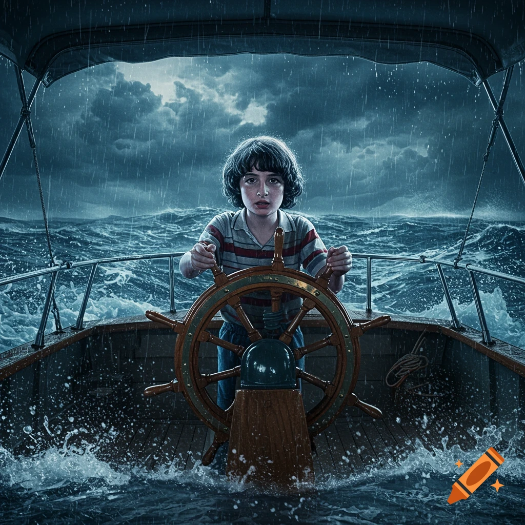A young boy with dark hair grips the wooden wheel of a boat, navigating through a stormy ocean with pouring rain and dark clouds overhead.