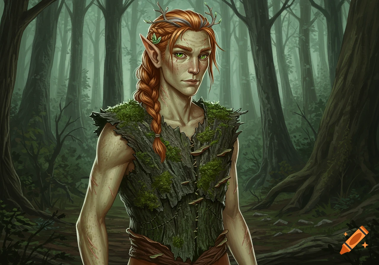 A male elf with red braided hair, green eyes, and antlers wears a bark and moss vest in a misty forest.