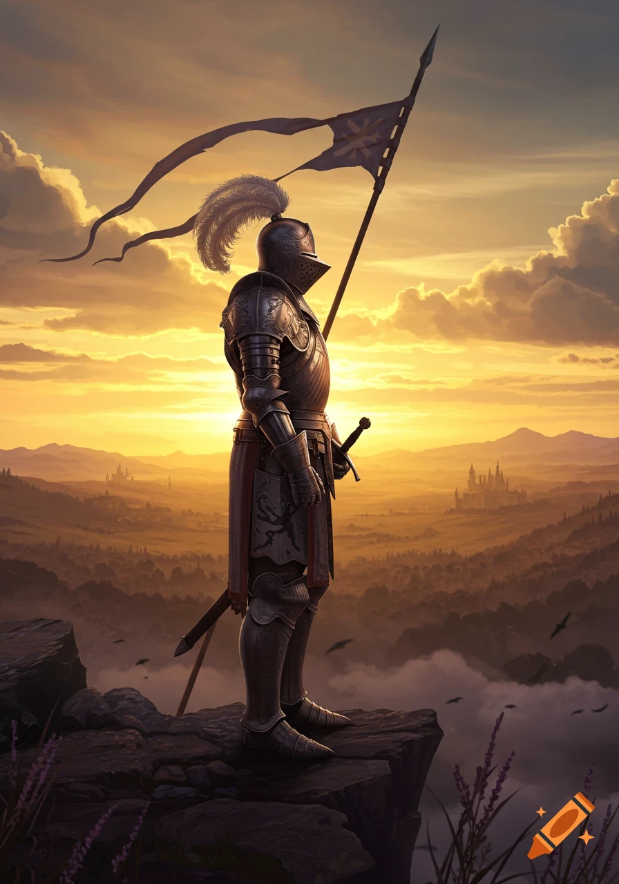 A knight in full armor stands on a cliff, holding a flag, overlooking a vast, misty landscape with a distant castle at sunset.