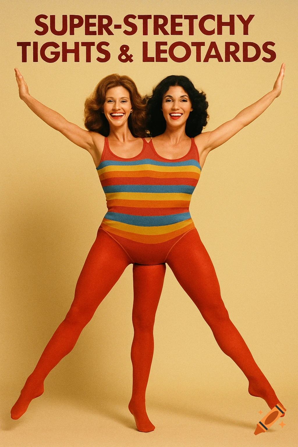 Two women share one colorful striped leotard and red tights, creating a two-headed illusion in a vintage-style ad.