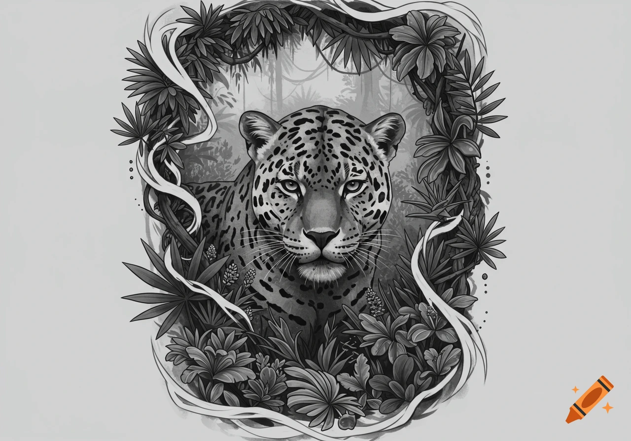 A black and white illustration of a jaguar's head surrounded by jungle foliage in a tattoo art style.