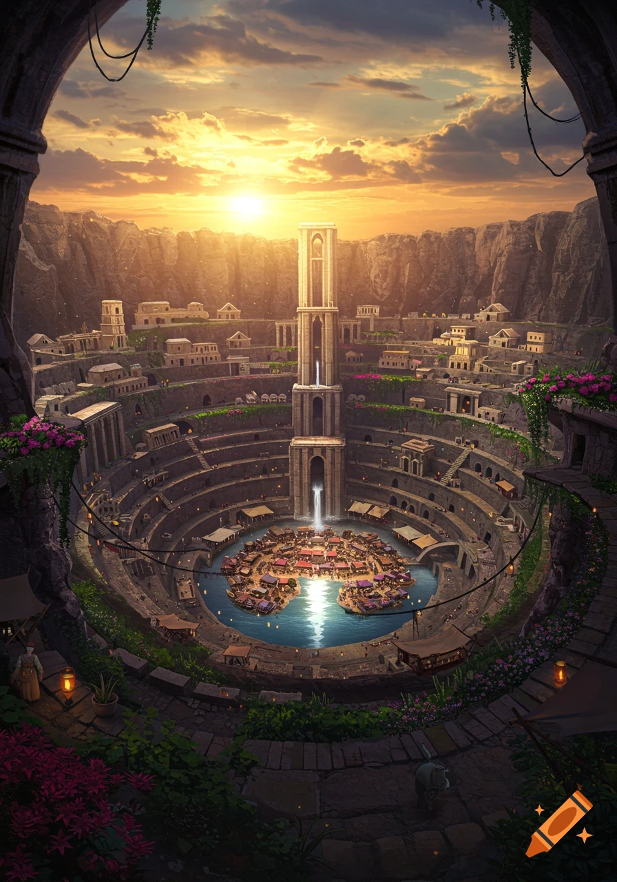 A majestic fantasy city built into a circular crater at sunset, with tiered buildings descending to a central lake and a tall tower.