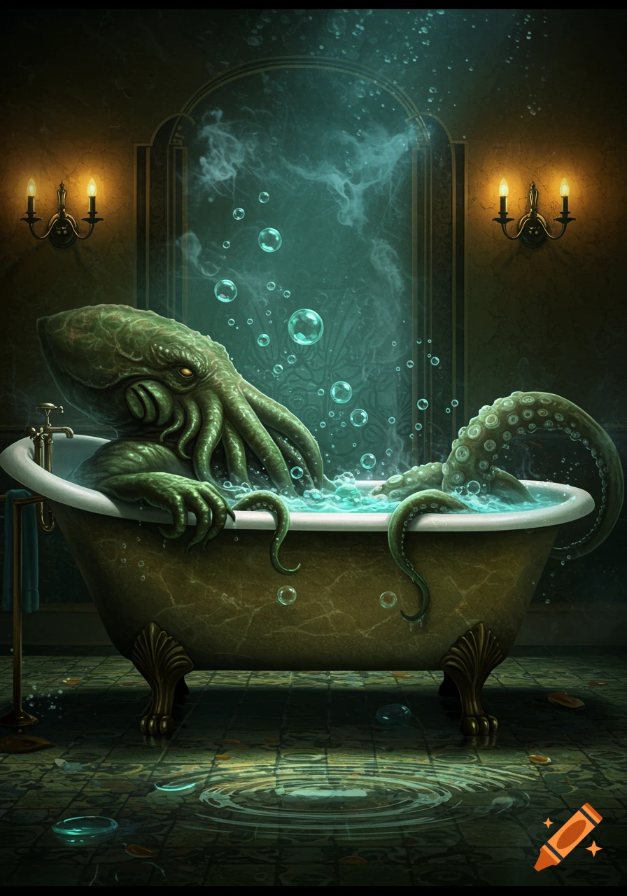 A large, green, tentacled Cthulhu-like creature soaking in a bubbly, ornate bathtub in a dimly lit bathroom.