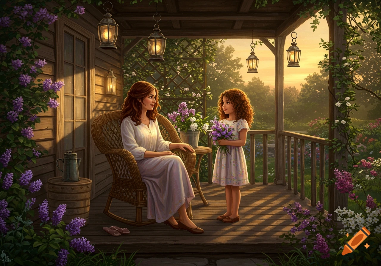 Mother and daughter share a tender moment on a cozy porch adorned with flowers and vines, bathed in warm sunset light.