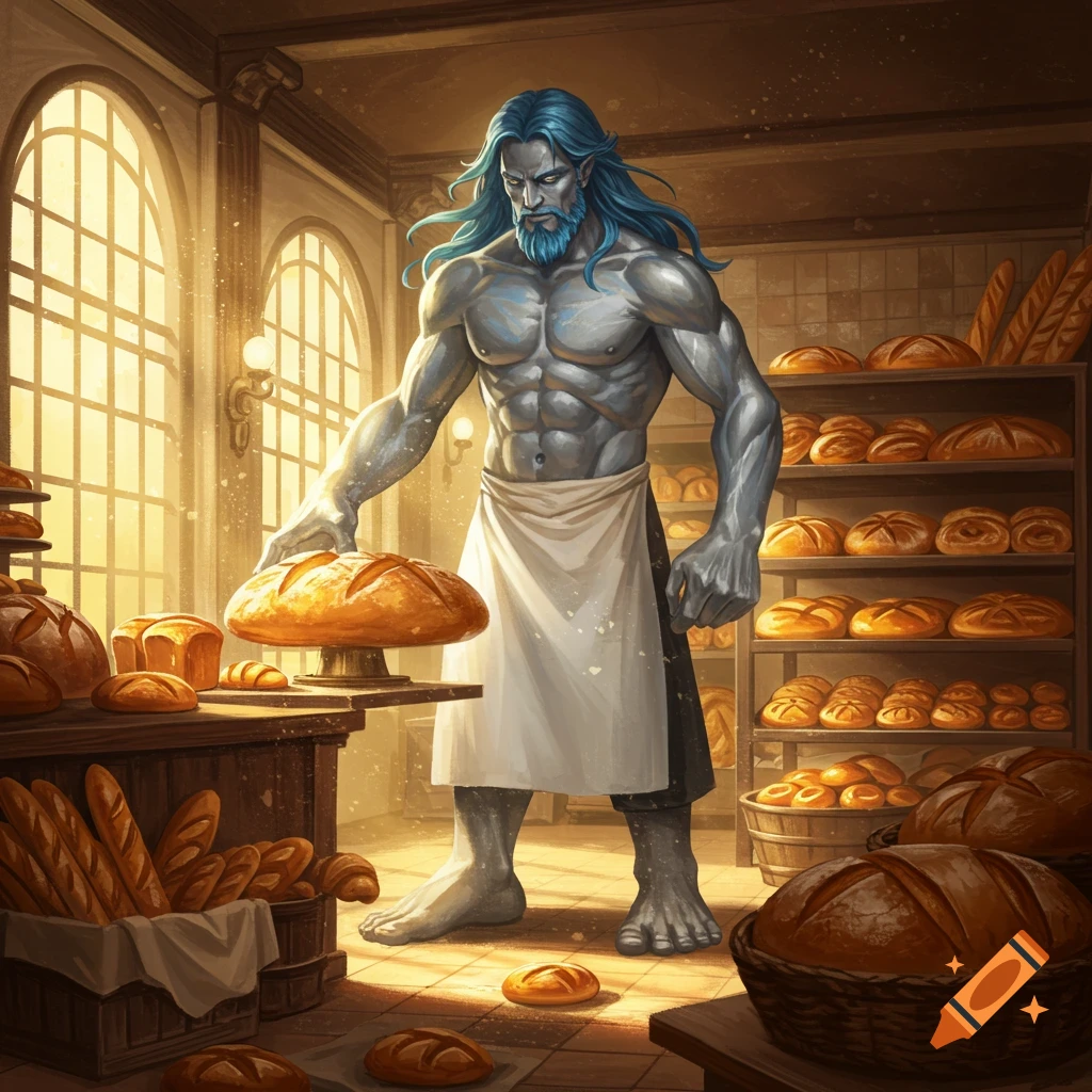 A muscular, silver-skinned, blue-haired goliath baker holds a large loaf of bread in a sunlit bakery.