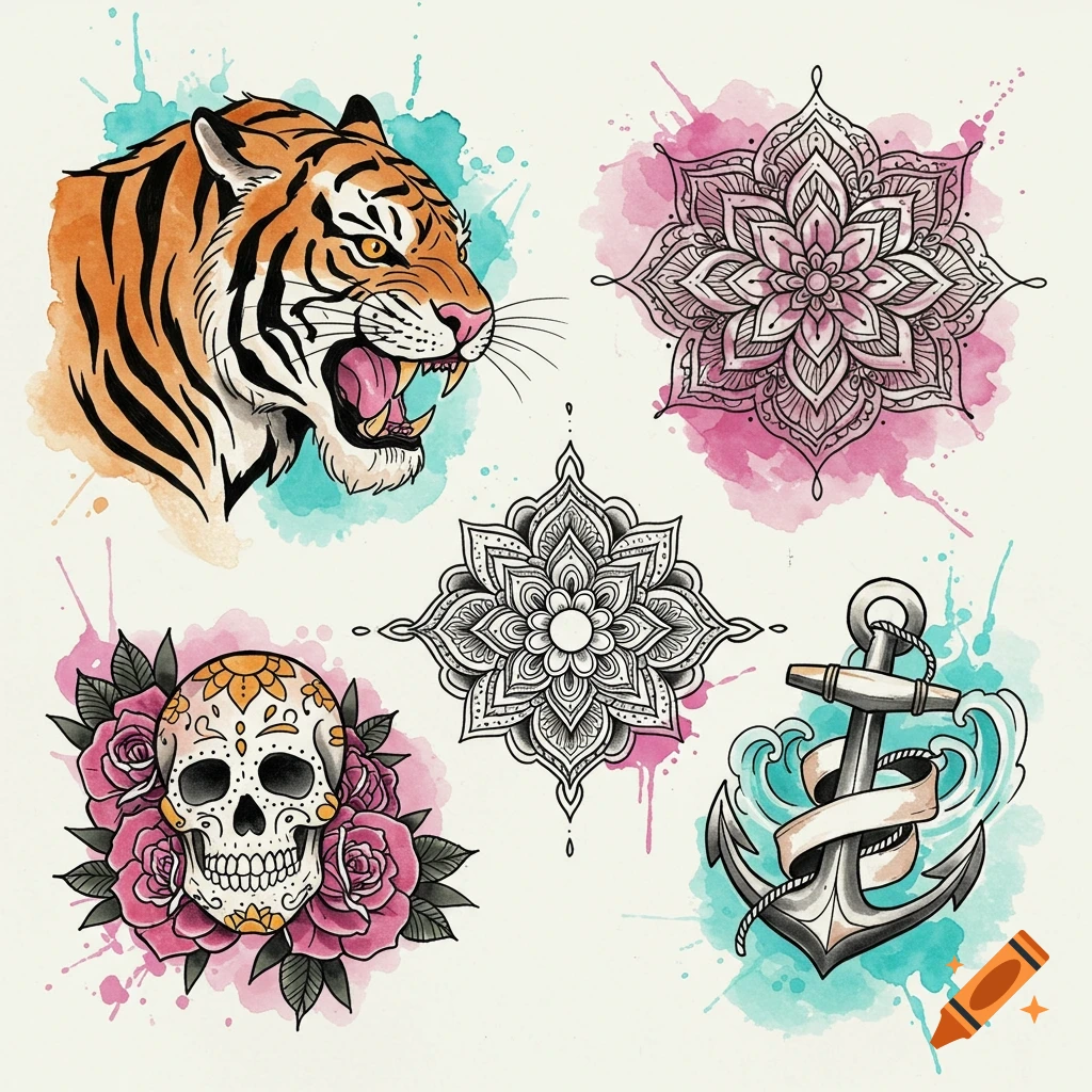 A tattoo flash sheet featuring a roaring tiger, sugar skull with roses, two mandalas, and an anchor with watercolor splashes.