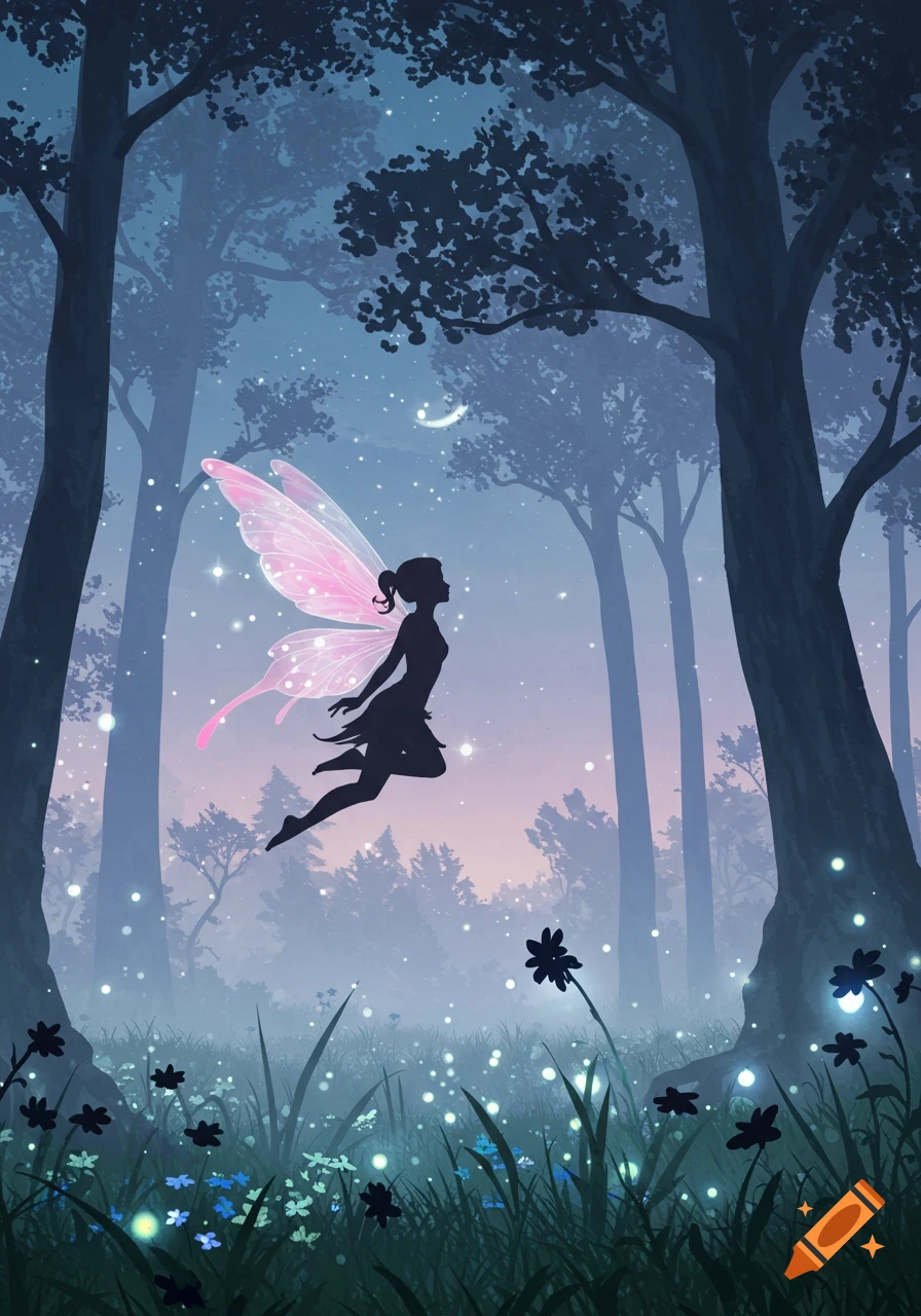 Silhouette of a fairy with pink wings flying through a mystical, misty forest with sparkling lights at twilight.