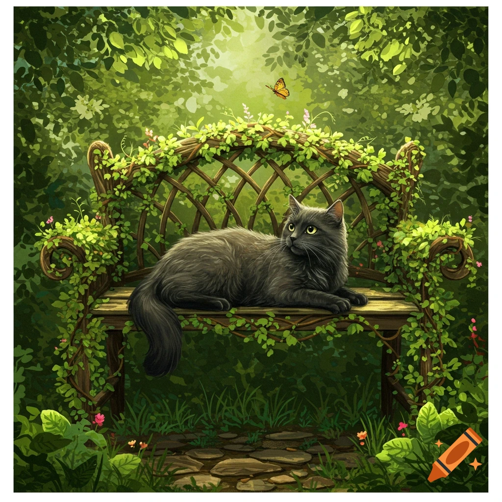 A fluffy grey cat lies on a wooden bench covered in green vines, gazing at an orange butterfly in a lush green garden setting.