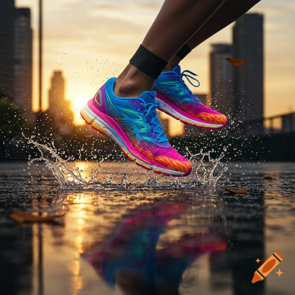 Close-up of a person's feet in vibrant running shoes splashing through a puddle in an urban setting at sunset, photorealistic style.