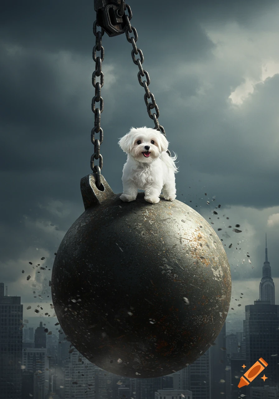 A cute white Maltese dog sits on a large wrecking ball suspended by chains over a city, with a stormy sky.