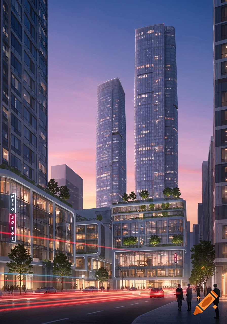 Photorealistic image of a modern city at dusk, showing illuminated glass skyscrapers, lower buildings with green rooftops, and light trails from cars on the street below.