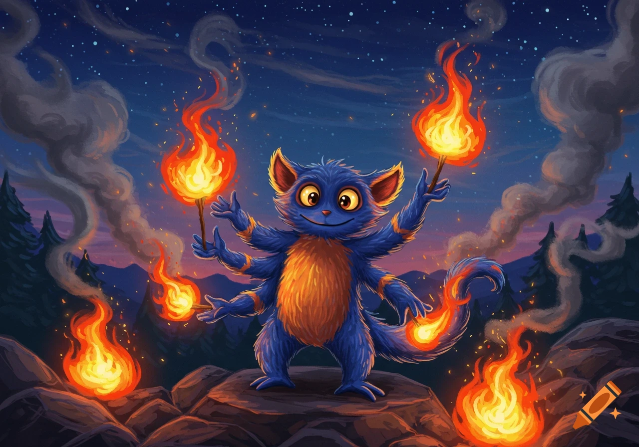 A cartoonish blue six-armed skittermander stands on a rock at night, surrounded by flames and smoke, holding two torches.