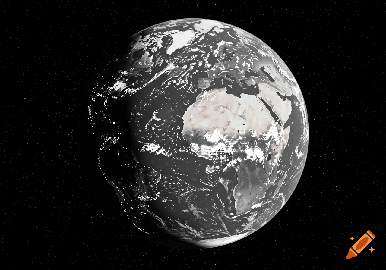 A grayscale drawing of Earth from space, showing illuminated landmasses and stars.