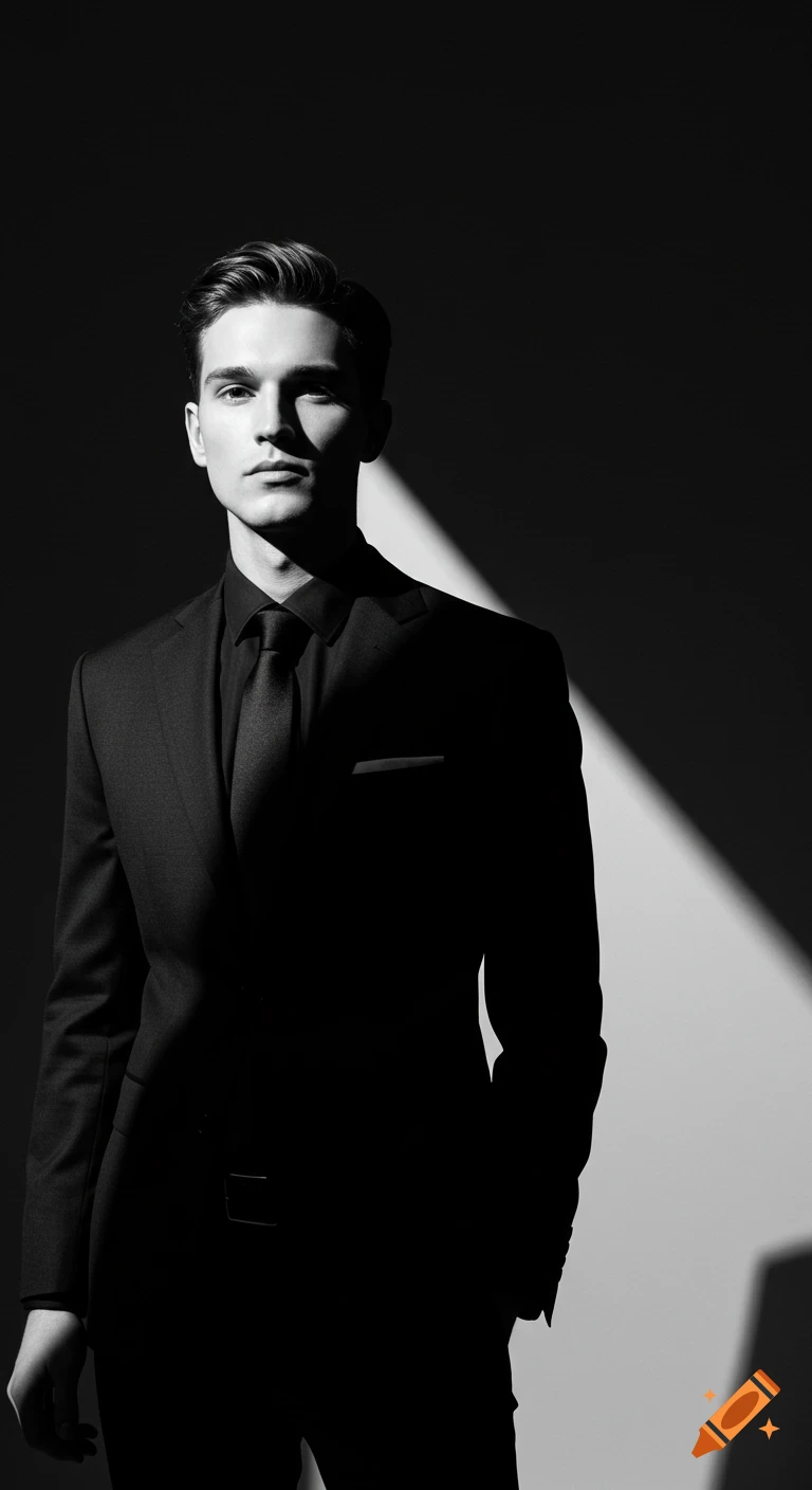A high-contrast black and white portrait of a man in a black suit and tie, lit by a strong diagonal beam in a minimalist studio.