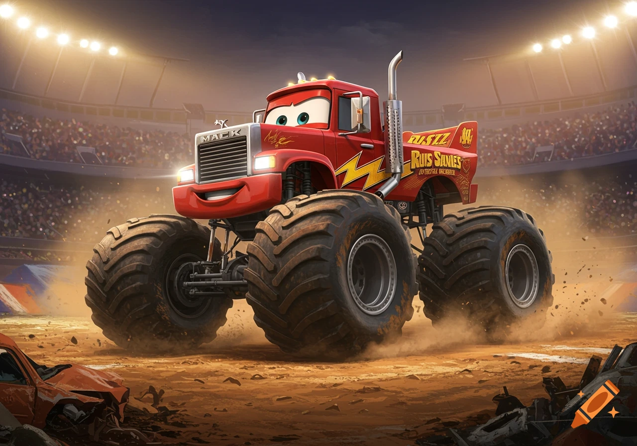 A red monster truck version of Mack from Cars with large wheels and a lightning bolt logo, driving in a stadium at night.