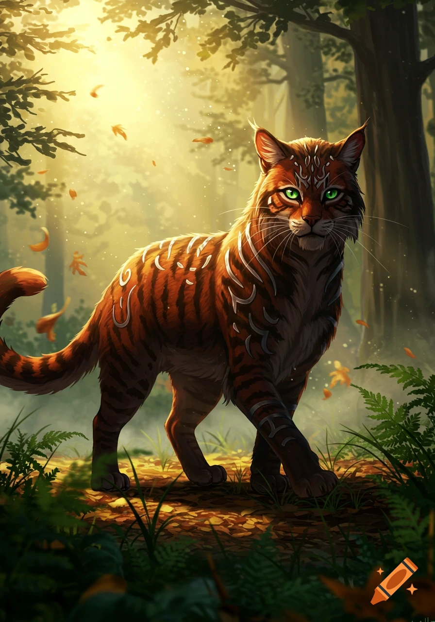An orange tabby cat with stylized white markings and green eyes in a sunlit forest. Illustrated fantasy style.