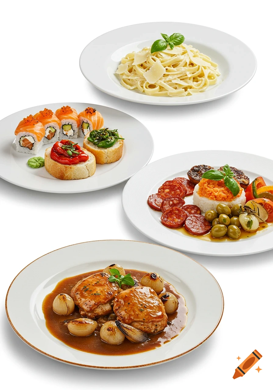 Four plates of diverse food, including pasta, sushi, chorizo with rice and olives, and chicken with roasted onions, against a white background.