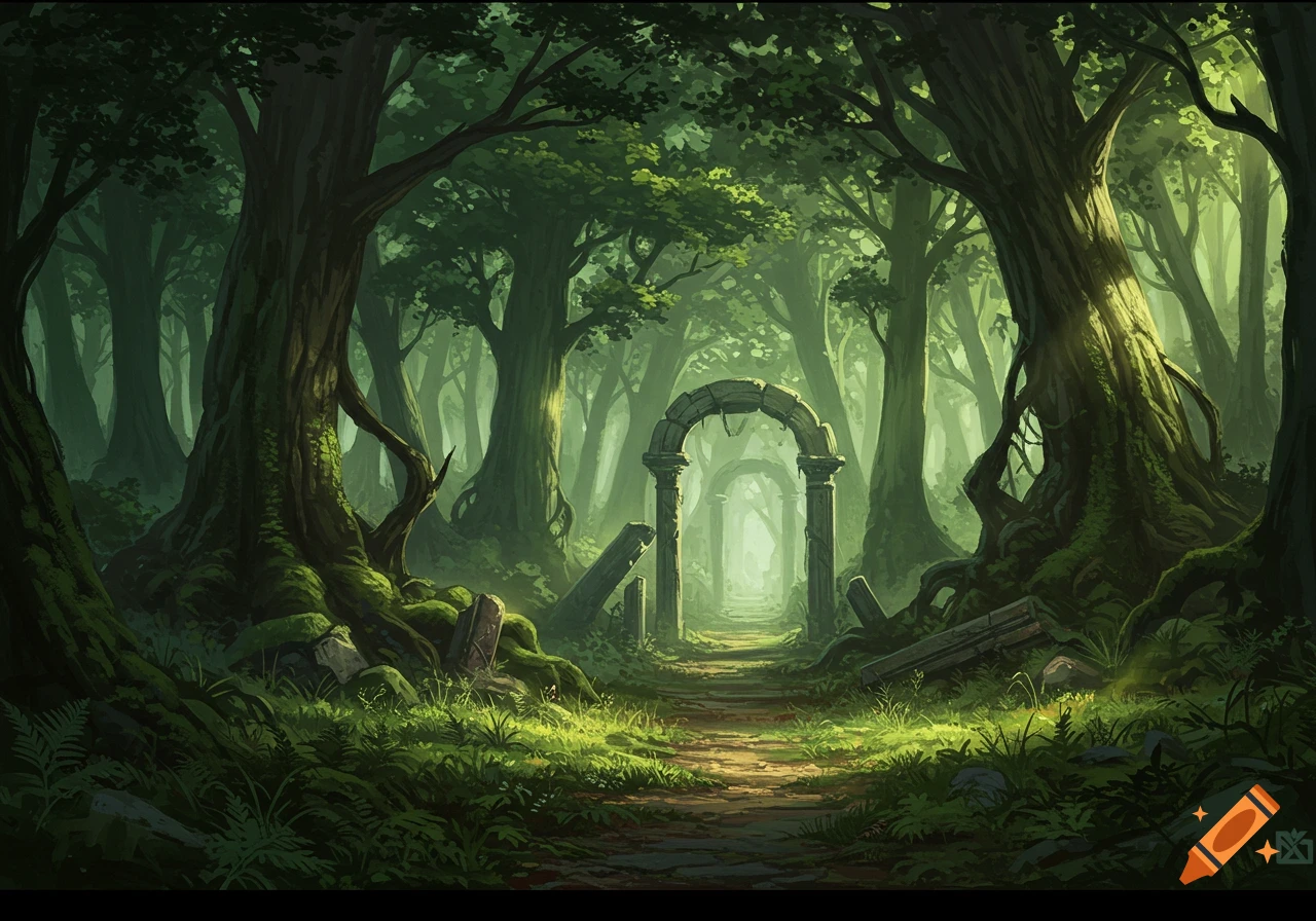 A path winds through a dense, mystical green forest with ancient stone arches leading into the light.