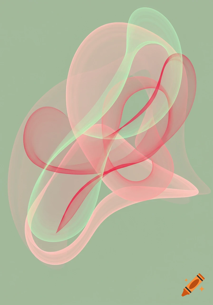 An abstract composition of overlapping, flowing translucent lines and shapes in pale green, pink, and red on a muted green background.