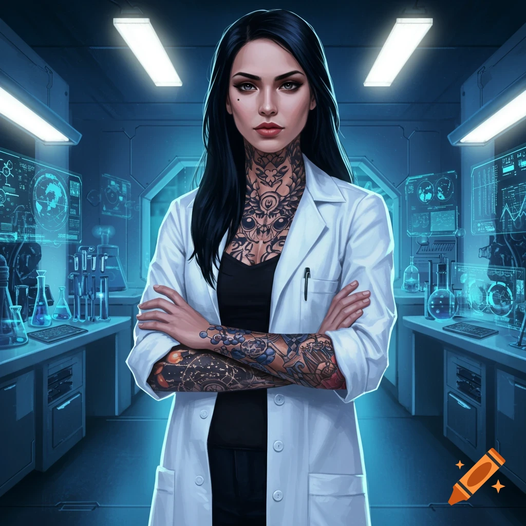 A black-haired tattooed woman scientist in a white lab coat stands with crossed arms in a futuristic laboratory, digital art.