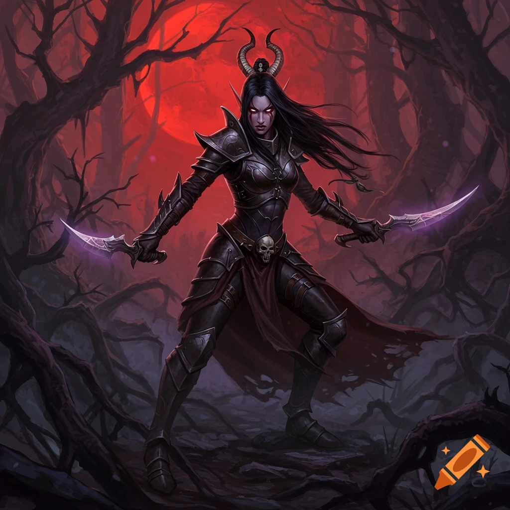 A dark elf warrior with horns, red eyes, and black armor stands in a spooky forest under a blood-red moon, holding two glowing daggers.