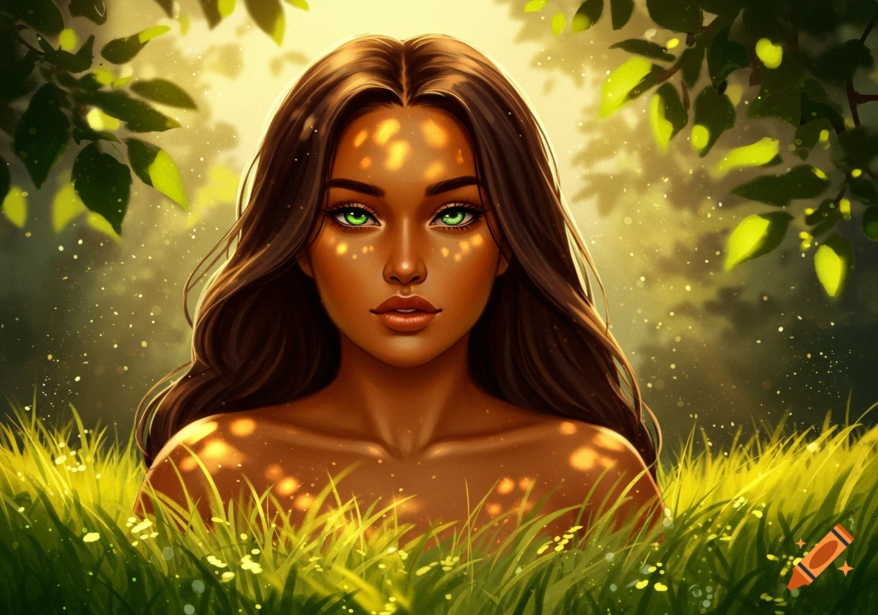 A dark-haired woman with green eyes stands in a lush green field under dappled sunlight, digital painting.