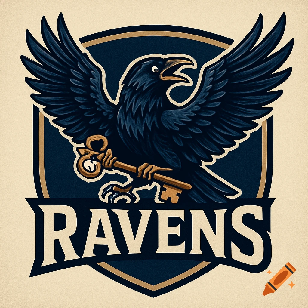 A stylized school mascot logo featuring a dark blue raven with spread wings, holding a golden key, above the word "RAVENS" on a shield.