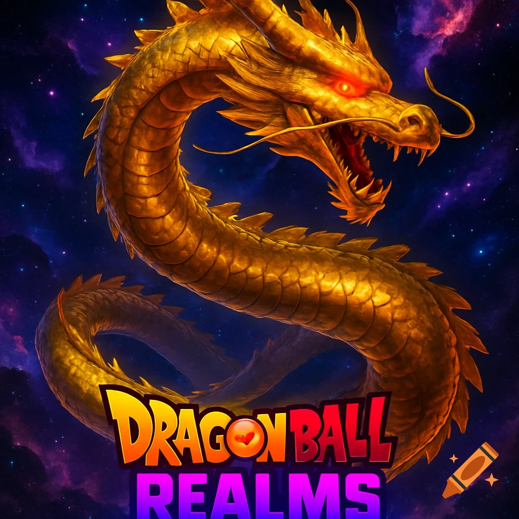 A majestic golden dragon with red eyes coils in a starry purple and blue outer space with a 'DRAGON BALL REALMS' logo.