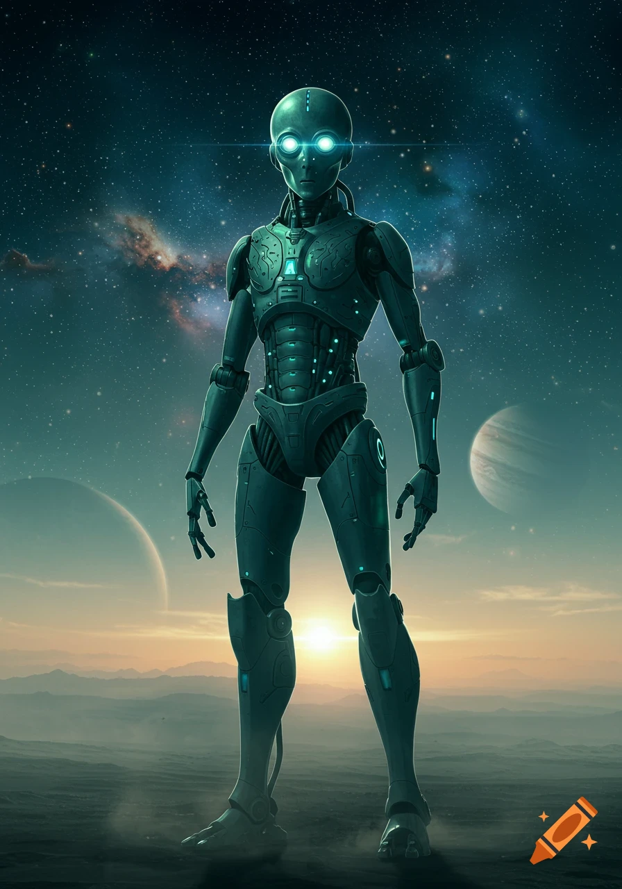 A teal and grey humanoid robot with glowing eyes stands on an alien planet at sunset, with a starry sky and other planets visible.