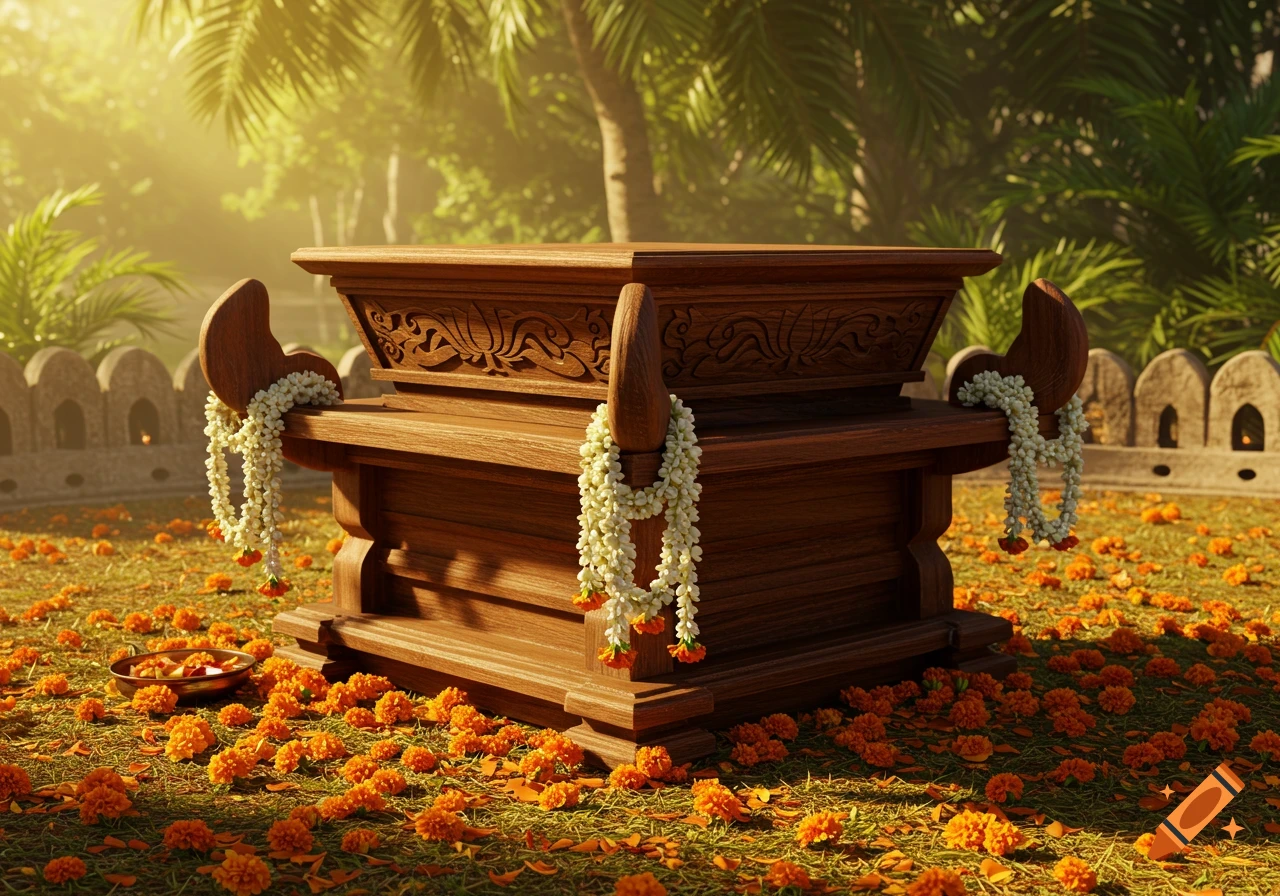 A carved wooden Sri Lankan poruwa adorned with white flower garlands and surrounded by scattered orange marigolds on grass in a sunlit tropical garden.