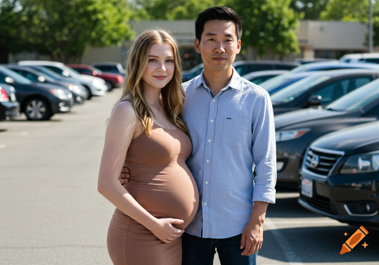 A pregnant white woman and an Asian man stand close together in a parking lot, smiling at the camera.