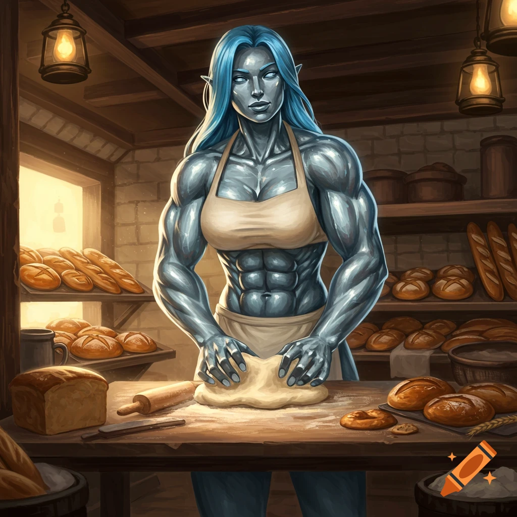 A muscular silver-skinned female goliath with blue hair kneads dough in a rustic bakery.