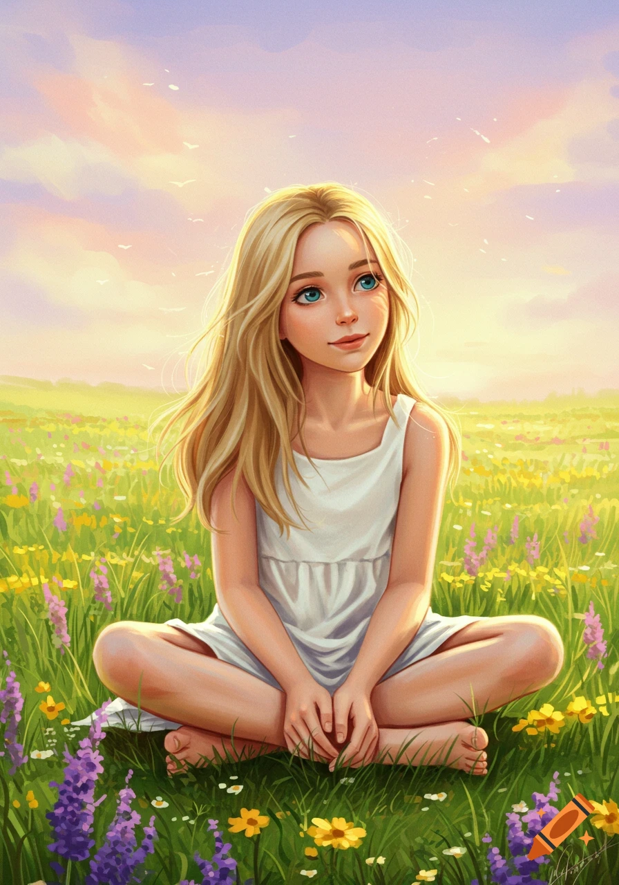 A young girl with long blonde hair and blue eyes sits cross-legged in a colorful field of wildflowers under a pastel sky. Digital art.