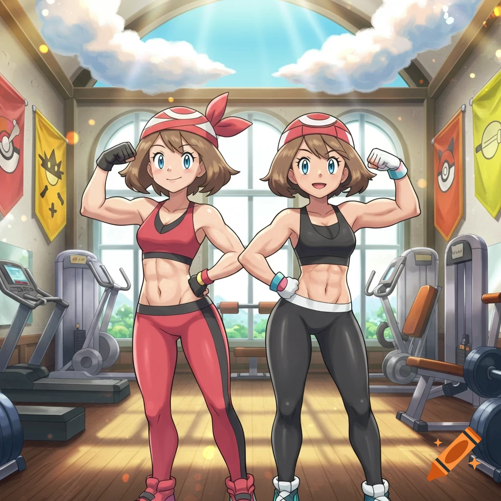 Two muscular anime women, dressed in sports attire, flex their biceps in a gym.